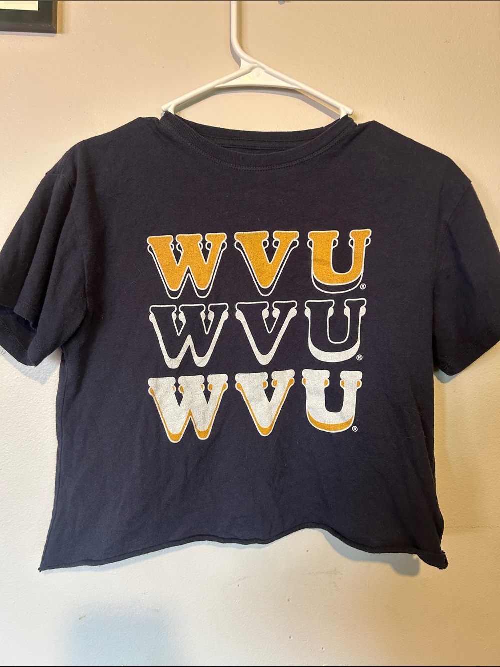 League Women's Navy Crop Top with Gold & White WVU Graphic
